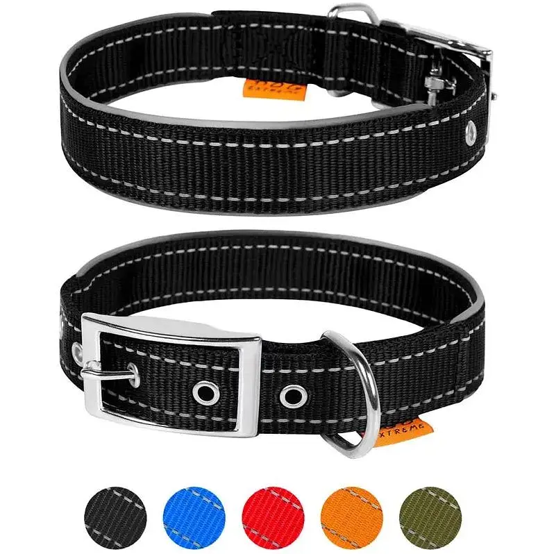 Нашийник для собак Dog Extreme з нейлону подвійний зі світловідбиваючою вставкою ширина 20 мм довжина 30-40 см чорний - фото 2