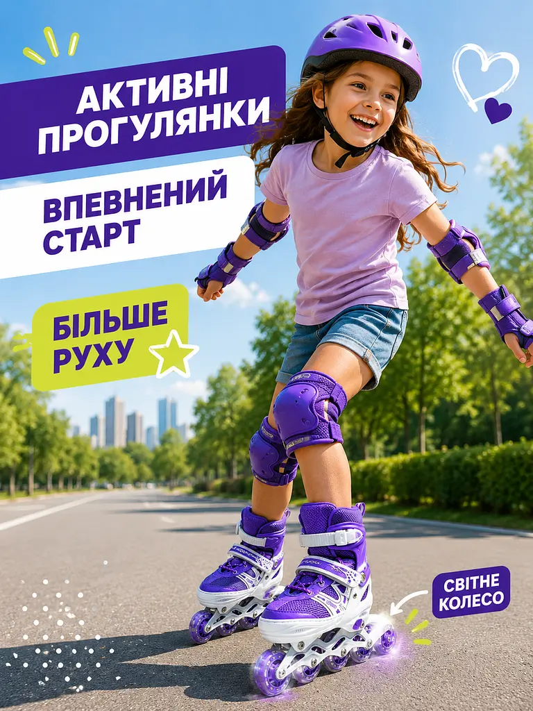 Дитячі ролики для дівчинки S 31-34, розсувні з колесом що світиться фіолетові (49676201) - фото 4
