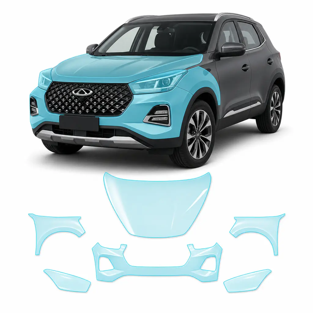 Антигравійна захисна бронеплівка за лекалами для Chery Tiggo 4 Pro 2023- передня частина авто (капот бампер крила))