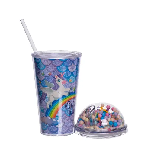 Пластикова склянка з трубочкою та кришкою 400 мл багаторазова пластикова склянка Блакитний Yiwu HP-18-2Y - фото 3