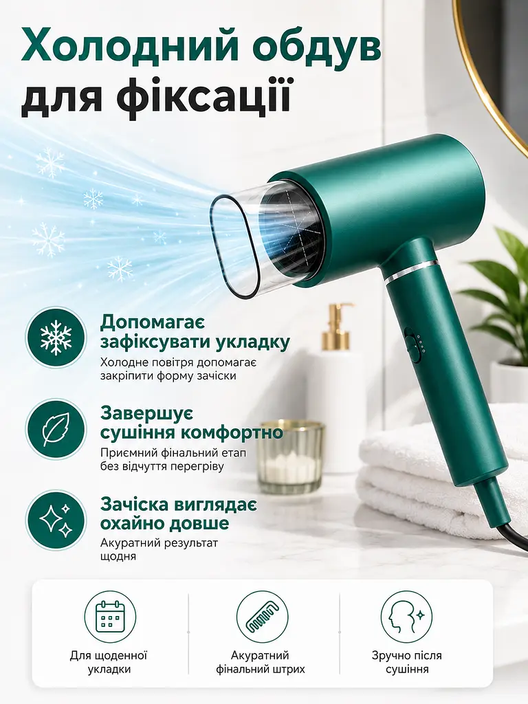 Професійний фен зелений 1800 W з холодним обдувом, іонізацією та насадкою-концентратором (49675926) - фото 5