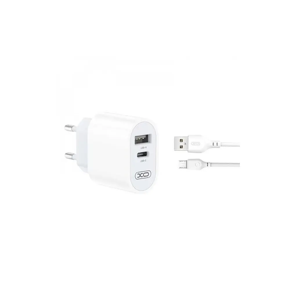 Зарядний пристрій XO L97 (1xUSB-C / 1xUSB / 2.4 А) + кабель USB-A — Micro-USB, білий (XO-L97-MC) - фото 5
