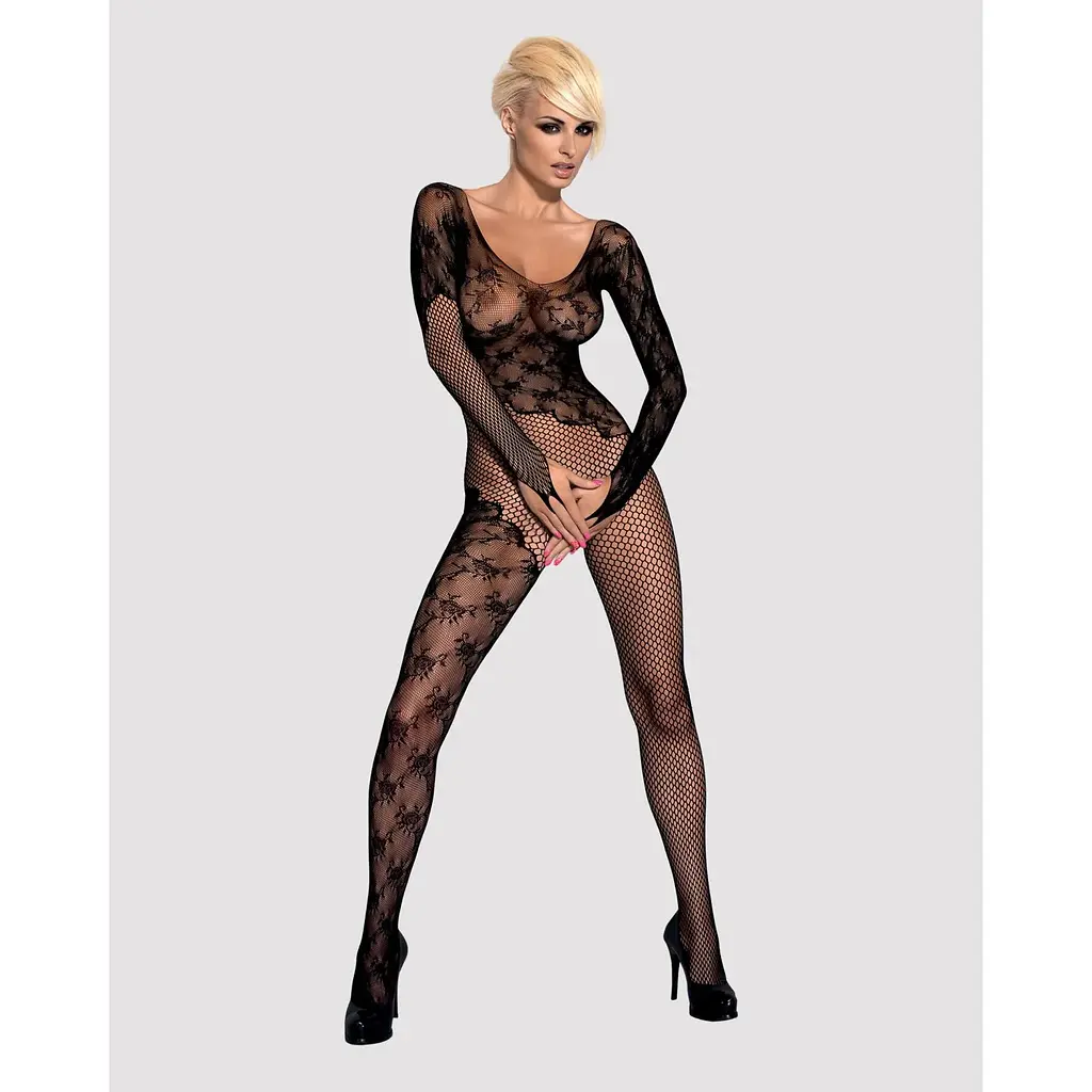Бодістокінг Obsessive Bodystocking F210 S/M/L Black, рукава-мітенки, сітка, кольорове мереживо - фото 3