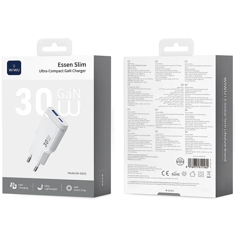 МЗП G033 Essen PD30W+QC3.0 GaN (1USB-A/1C) White Wiwu teh0029664 - фото 5