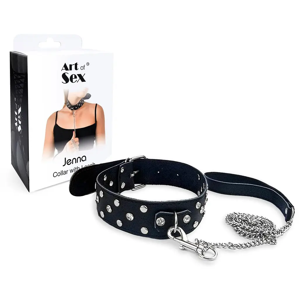Нашийник з повідцем із натуральної шкіри із заклепками Art of Sex - Jenna Collar with Leash, чорний - фото 3