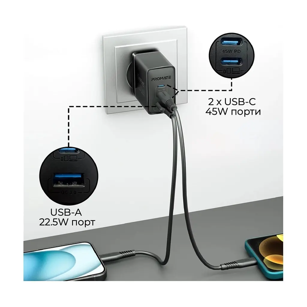 Зарядний пристрій Promate powerport-45 2xUSB-C PD + USB-A QC 45W Black (powerport-45.black) - фото 5