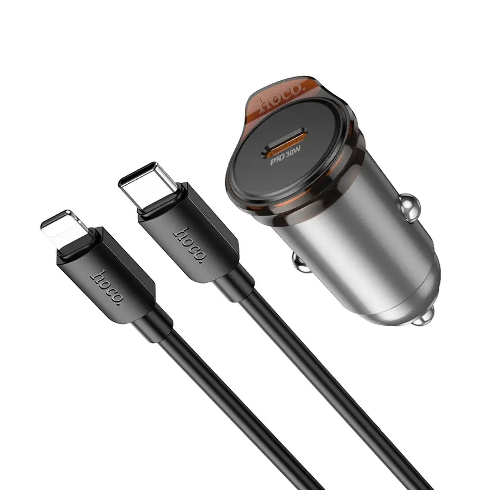 Автомобільний зарядний пристрій Hoco NZ16 Type-C PD 30W metal grey + кабель Type-C to Lightning - фото 3
