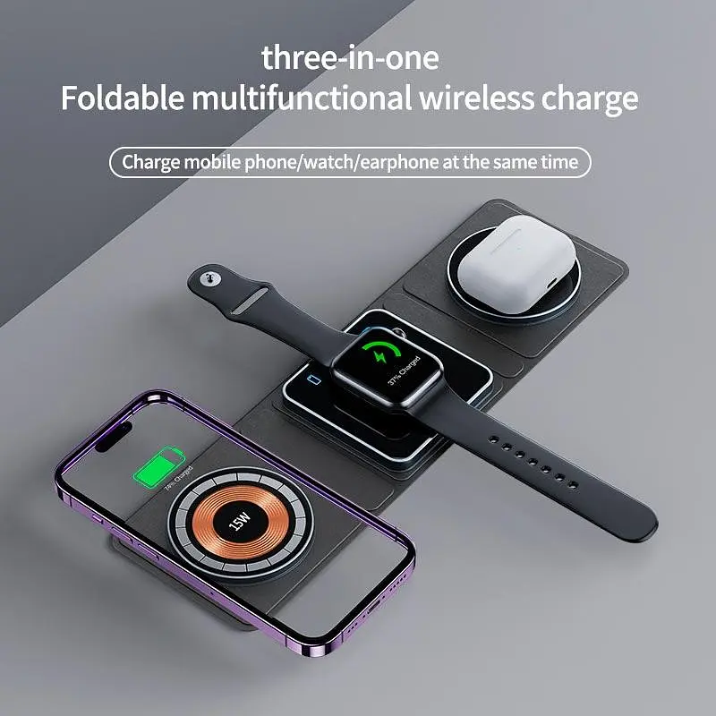 Зарядка Qi 3in1 Foldable Magnetic Wireless Charger XYJ X8 для 3 гаджетов Phone Apple Watch AirPods - фото 3