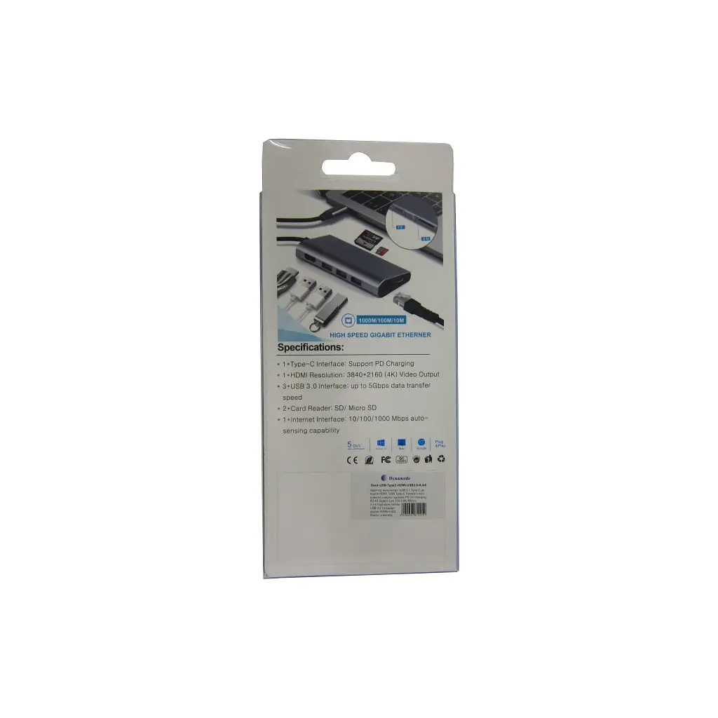 Концентратор Dynamode USB3.1 Type-C to HDMI, 3хUSB3.0, RJ45, USB Type-C Female, SD (Dock-USB-TypeC-HDMI-USB3.0-RJ45) - фото 8