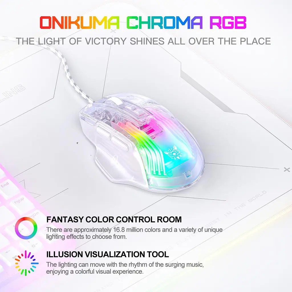 Компьютерная мышка Onikuma игровая проводная для ПК C93 RGB подсветка 12800 DPI для ноутбука прозрачный корпус - фото 5