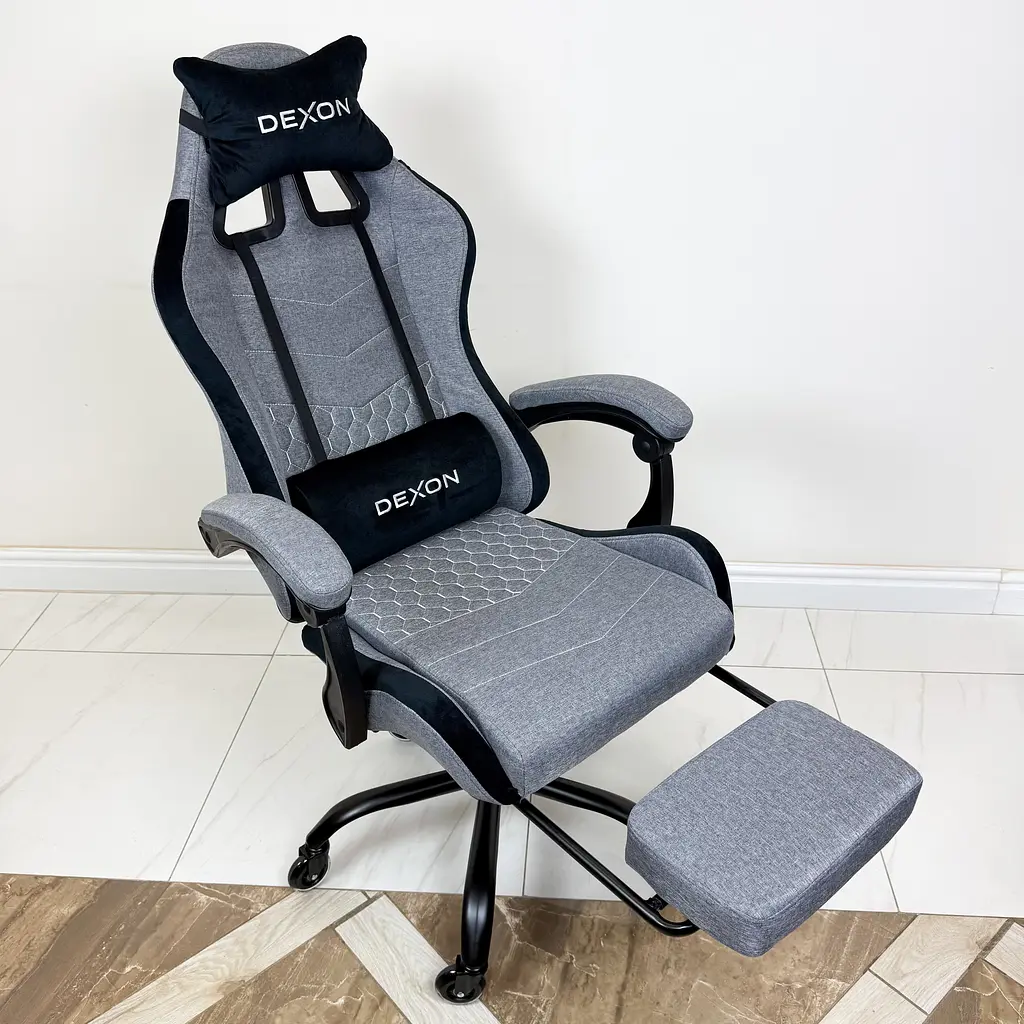 Геймерське крісло DEXON ORION X з підставкою для ніг, з тканини+подушки велюр, металева хрестовина, Темно-Сірий - фото 5