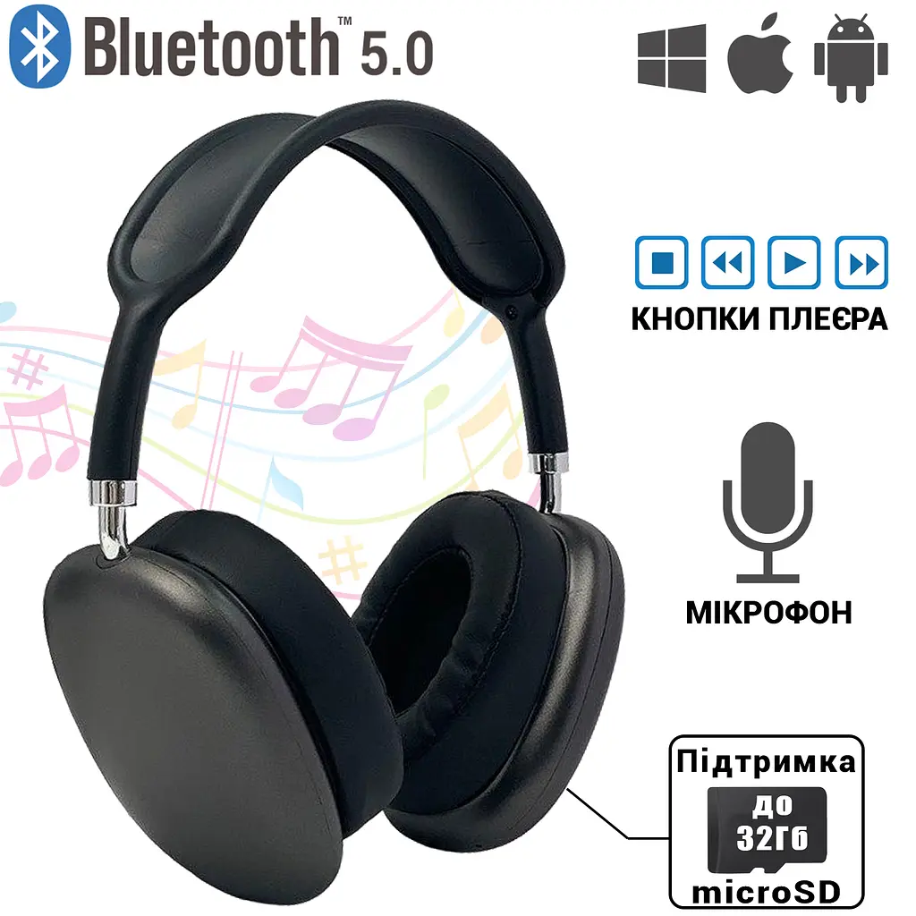 Повнорозмірні бездротові навушники-гарнітура Bluetooth з акумулятором Macaron MP90 з MP3 плеєром/AUX/microSD Чорні - фото 2