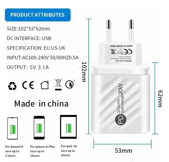 Зарядний пристрій 20W на 2 порти 1-USB, 1-PD з екраном White  - фото 3
