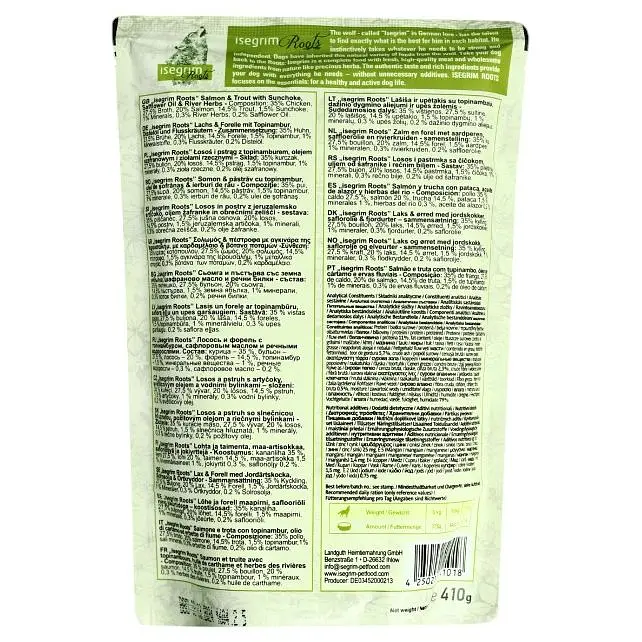Набір вологого корму для дорослих собак Isegrim Adult Pouch Roots Multipack II Duoprotein: Лосось і форель, Качка з сердечками, Олень та дичина 2.46 кг (6 паучів по 410 г) - фото 3