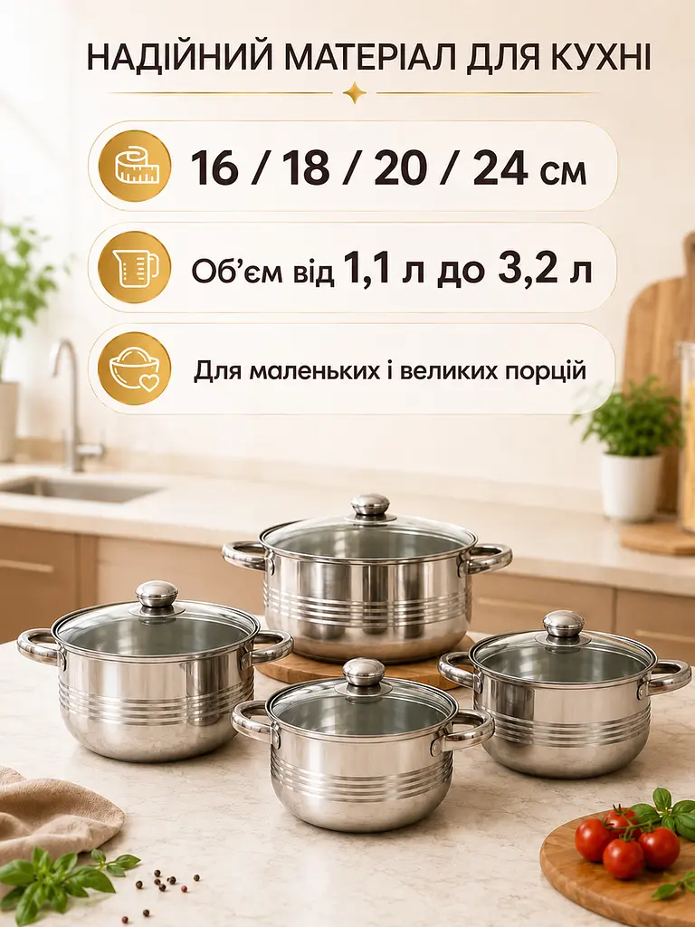 Набір каструль 8 предметів з нержавіючої сталі 16/18/20/24 см зі скляними кришками (49675918) - фото 8