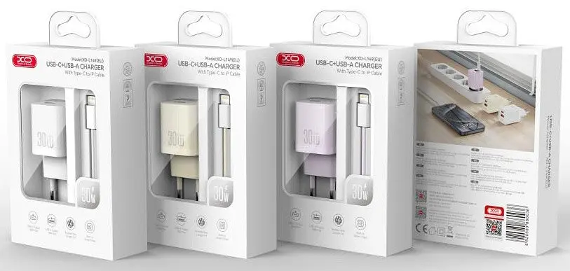 Сітчастий зарядний пристрій XO L149 double USB-A/USB-C 30W 3A with Lightning-Type-C cable Beige - фото 2