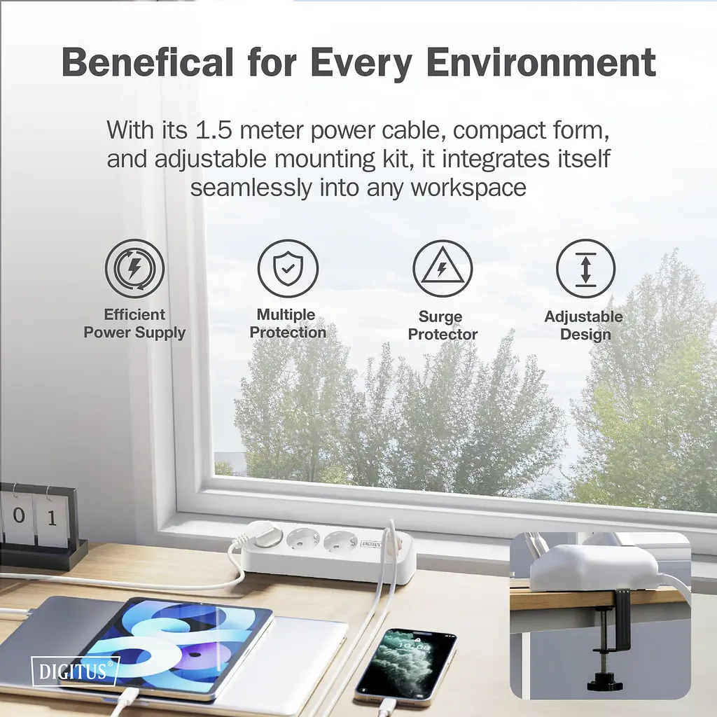 Digitus Блок розеток DIGITUS Office, 3xSchuko, 2xUSB-A, 1xUSB-C, 16A, 1.5м, вилка Schuko, білий - фото 3