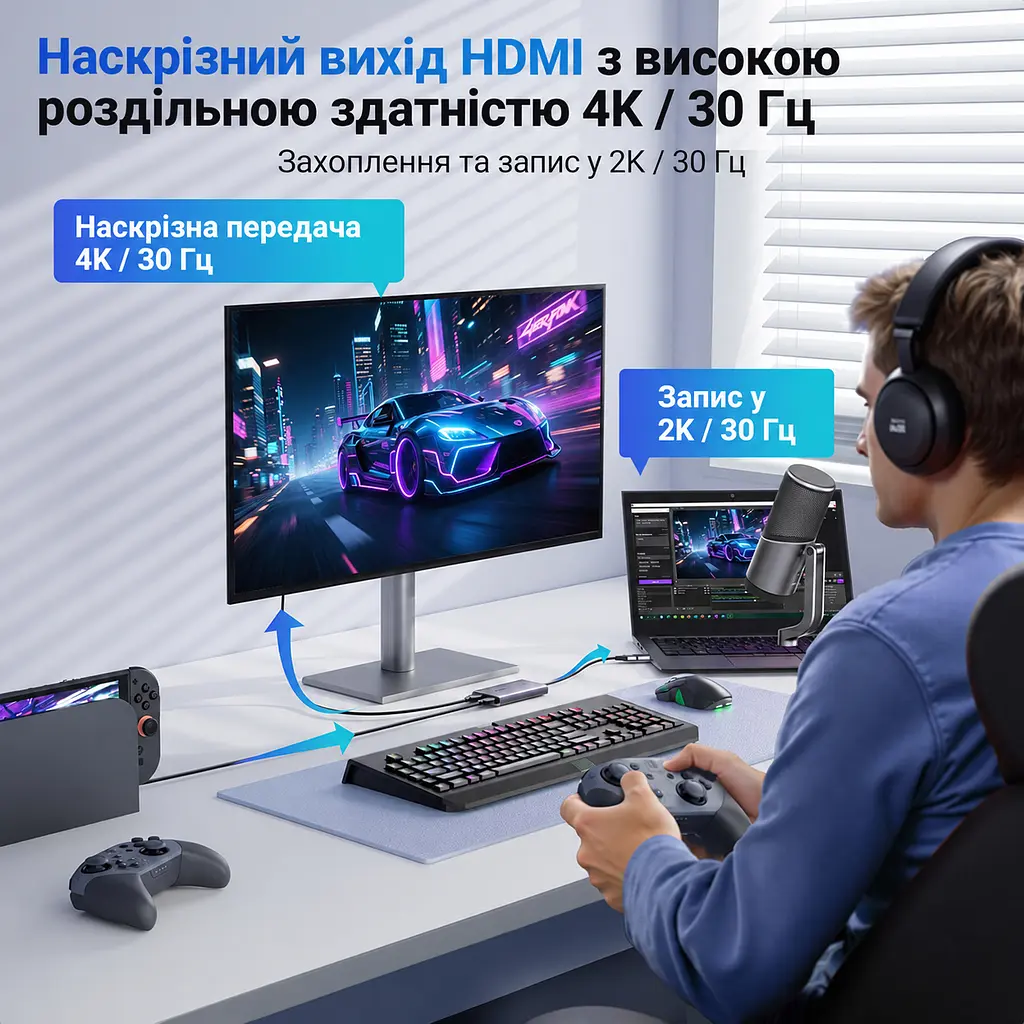 Карта відеозахоплення UGREEN CM726 з HDMI на USB-A/USB-C 3.0 захоплення 2K 30 Гц або 1080p 60 Гц з наскрізним виходом HDMI 4K 30 Гц для сигналу без захисту HDCP із захопленням звуку для OBS Studio формати YUY2 і MJPEG алюмінієвий корпус космічний сірий (25773) - фото 14