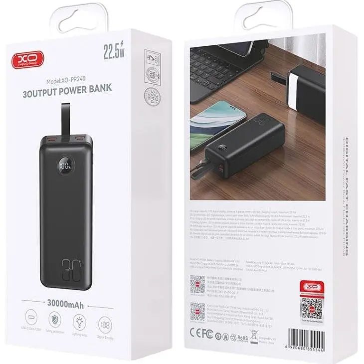 Зовнішній акумулятор XO PR240 30000mAh 22.5W Black [120550] - фото 4