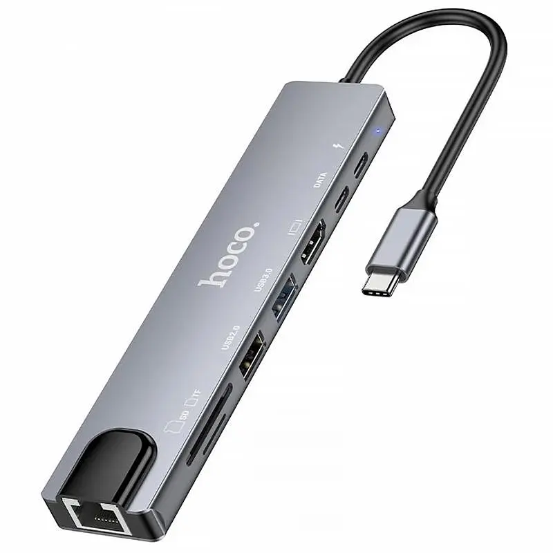 Перехідник HUB Hoco DUP09 (Type-C to HDMI+USB 3.0+USB 2.0+2xType-C+SD/TF) Silver - фото 4