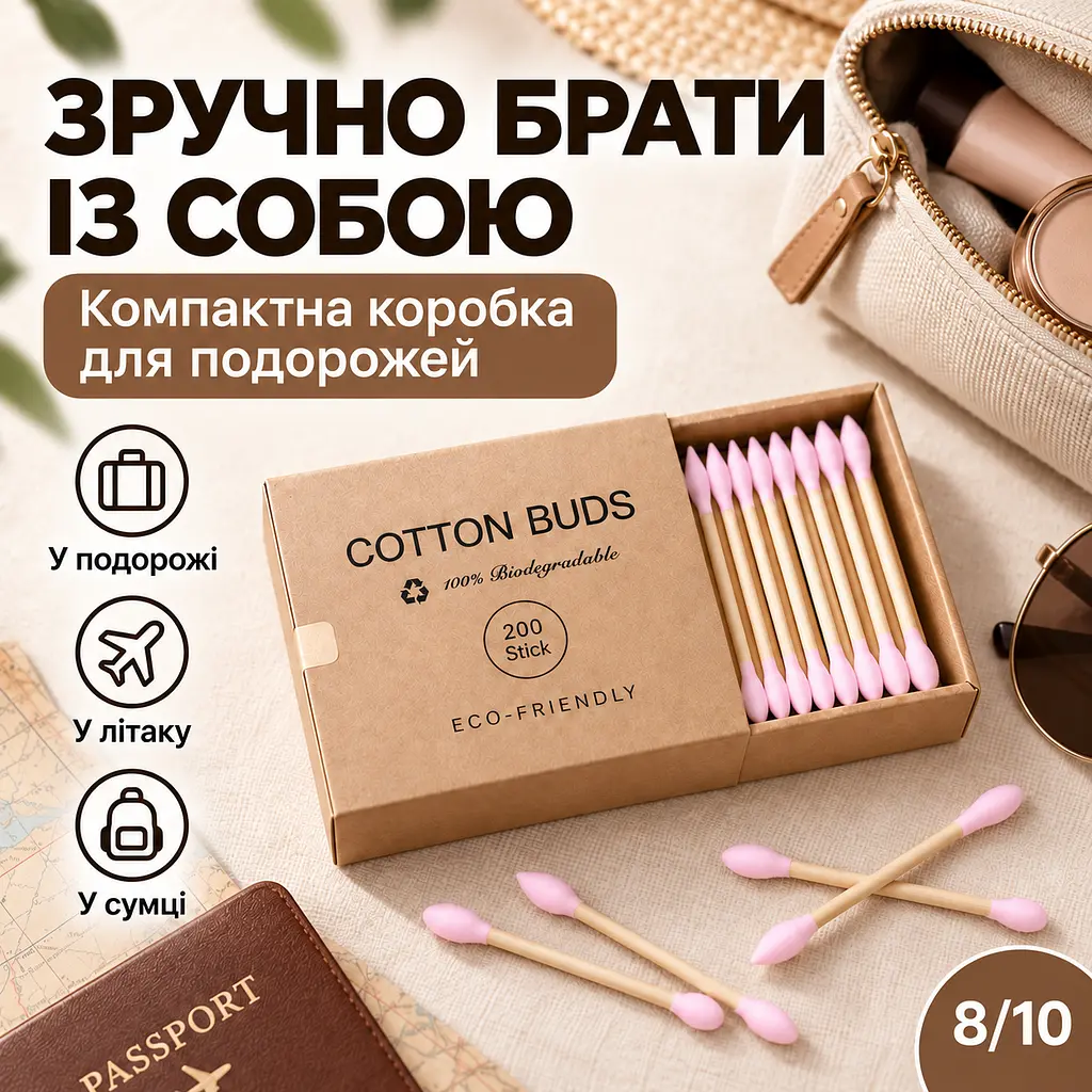 Ватні палички бамбукові двосторонні 200 шт, із загостреним та округлим наконечником, у картонній упаковці KT9003702 - фото 8