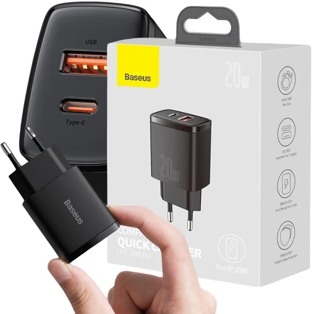 Компактное быстрое зарядное устройство для Baseus 20 W 2 порта (1Type-C + 1 USB) черный CCXJ-B01 - фото 7