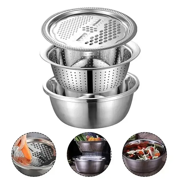 Кухонний набір Metal Basket Cutter багатофункціональний, з неіржавкої сталі миска, друшляк і тертка 3 в 1 - фото 2