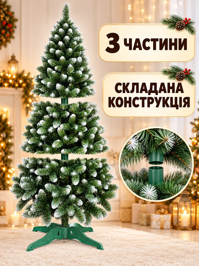 Сертифікована ялинка штучна пухнаста зі снігом YaLINKA SK20 200 см із високоякісного нешкідливого вогнетривкого матеріалу Зелена - фото 6