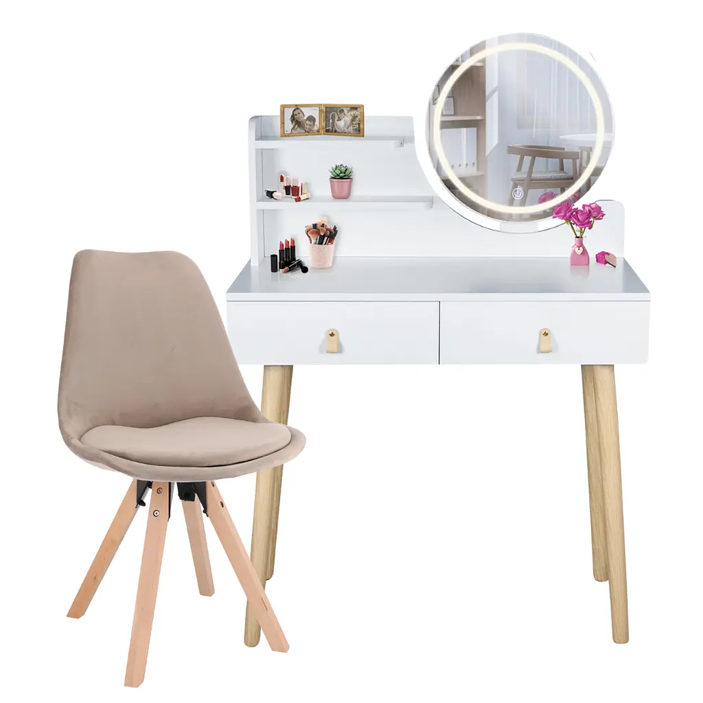 Туалетний столик Jumi Scandi LED + крісло Saida бежевий (шкіряні ручки) - фото 2