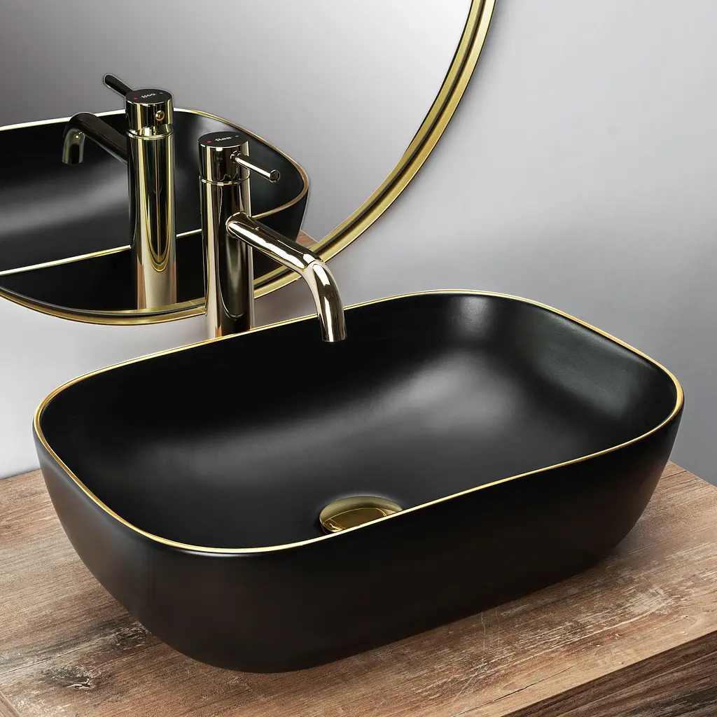 Умивальник Rea Belinda black mat T gold edge накладний REA-U9659, Чорний матовий - фото 3