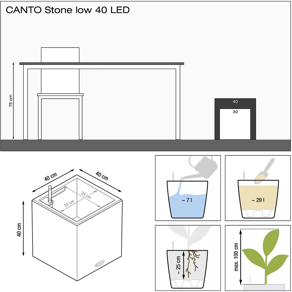 Вазон Lechuza Canto Stone 40 low LED графітово-чорний (13692) - фото 3