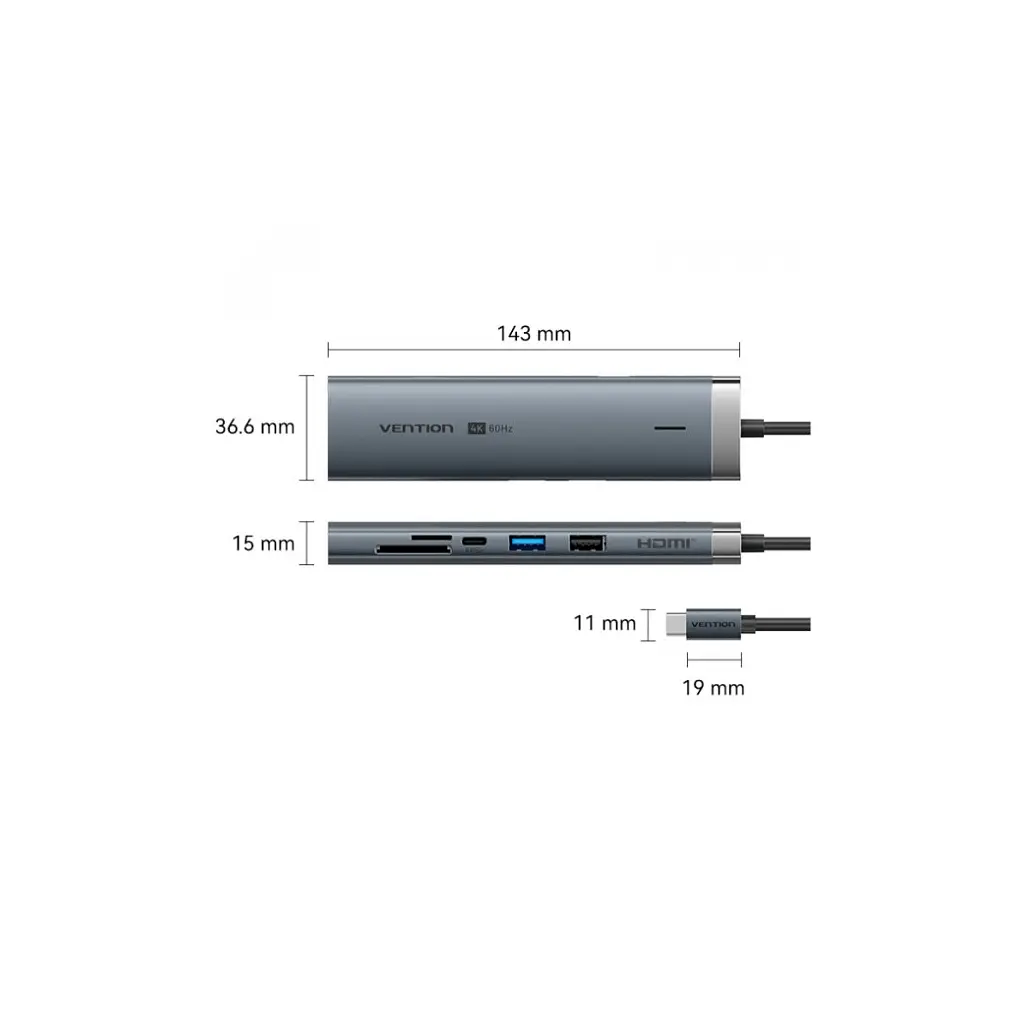 Концентратор VENTION USB-C 9-in-1 HDMI 60Hz + 2xUSB 3.0 + RJ45 + SD/TF + 3.5mm + PD 100W (TGVHB) - фото 2