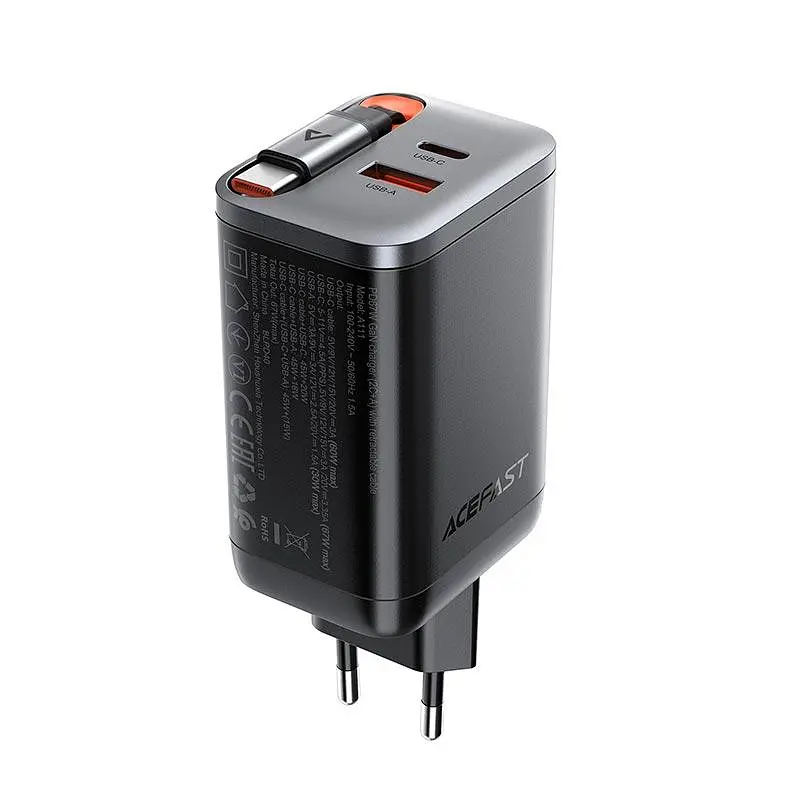 Адаптер мережевий ACEFAST PD GaN charger with retractable cable A111 2USB-C/1USB-A, 67W/4.5A