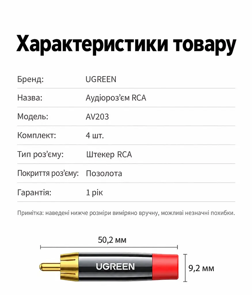 Аудіоштекери RCA під паяння UGREEN AV203 4 шт. тюльпани для складання та ремонту аудіокабелів розбірний корпус із різьбовим з’єднанням позолочені контакти TPU-хвостовик для захисту кабелю від перегину 2 білі та 2 червоні (60381) - фото 4