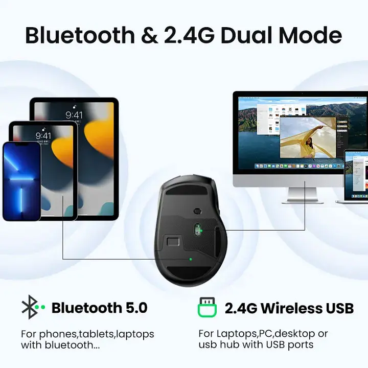 Мишка UGREEN 2.4GHz MU006, бездротова, Bluetooth, 4000dpi., 4кн.,Silence Design, Сіра - фото 9
