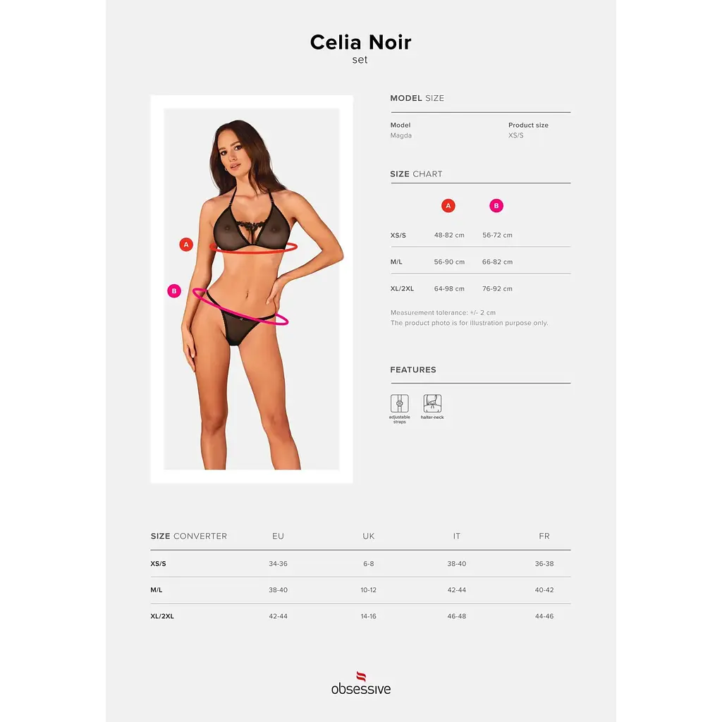 Напівпрозорий комплект Obsessive Celia Noir 2-pcs set XS/S, бюстгальтер, стрінги - фото 5