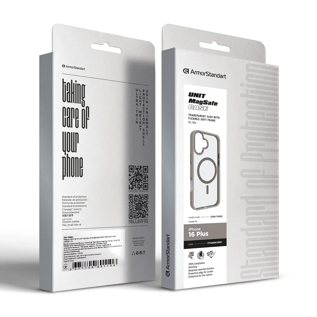 Чехол для Apple iPhone 16 Plus, Unit MagSafe, серый, прозрачный, магсейф, противоударный, магнитный, панель-накладка с поддержкой MagSafe, с поддержкой беспроводной зарядки, TPU+PC, защита всего корпуса, ударостойкий, ArmorStandart (ARM79289) - фото 6