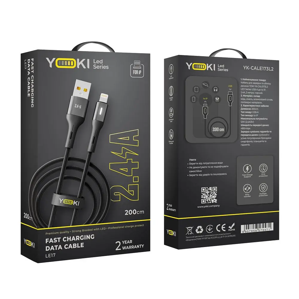 Кабель для заряджання та обміну даними Yoki YK-LE17 LED Series USB/Lightning 12W 2.4A/5V 2 m Black - фото 2