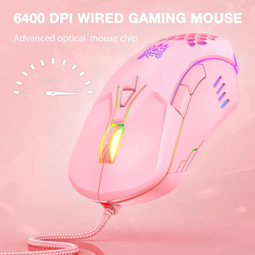 Компьютерная мышка Onikuma для ПК и ноутбука C15 Pro 6400 DPI проволочная с RGB подсветкой 7 кнопок Розовый - фото 4