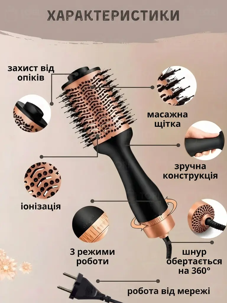 Багатофункціональний стайлер фен-щітка 5 в 1 для укладання, випрямлення та завивки волосся, 3 режими, 1200 Вт з іонізацією - фото 4