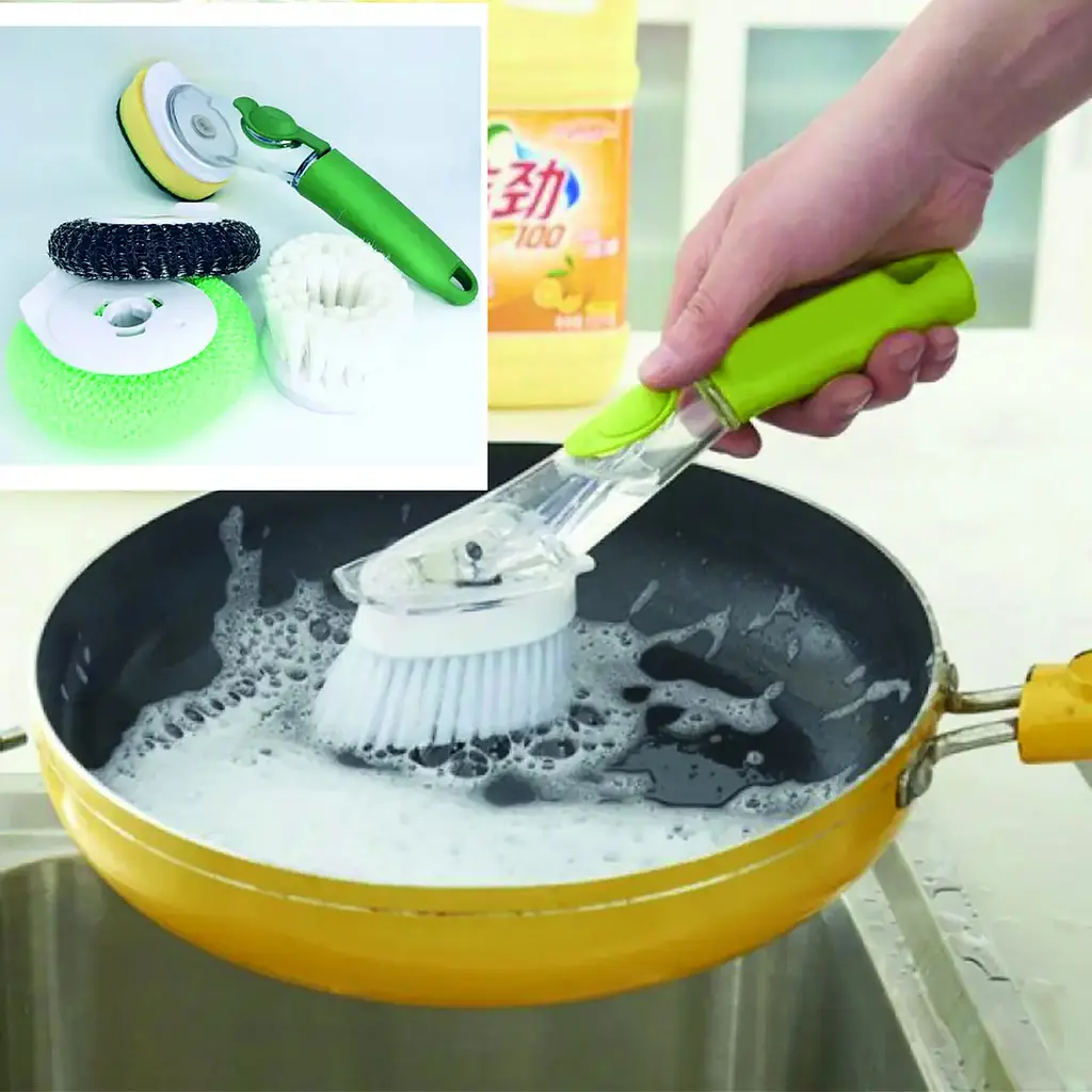 Щітка для миття посуду Rise-UP AUTOMATIC LIQUID CLEANING BRUSH із дозатором та насадками багатофункціональна, Kitchen Master Зелений 85889 - фото 6