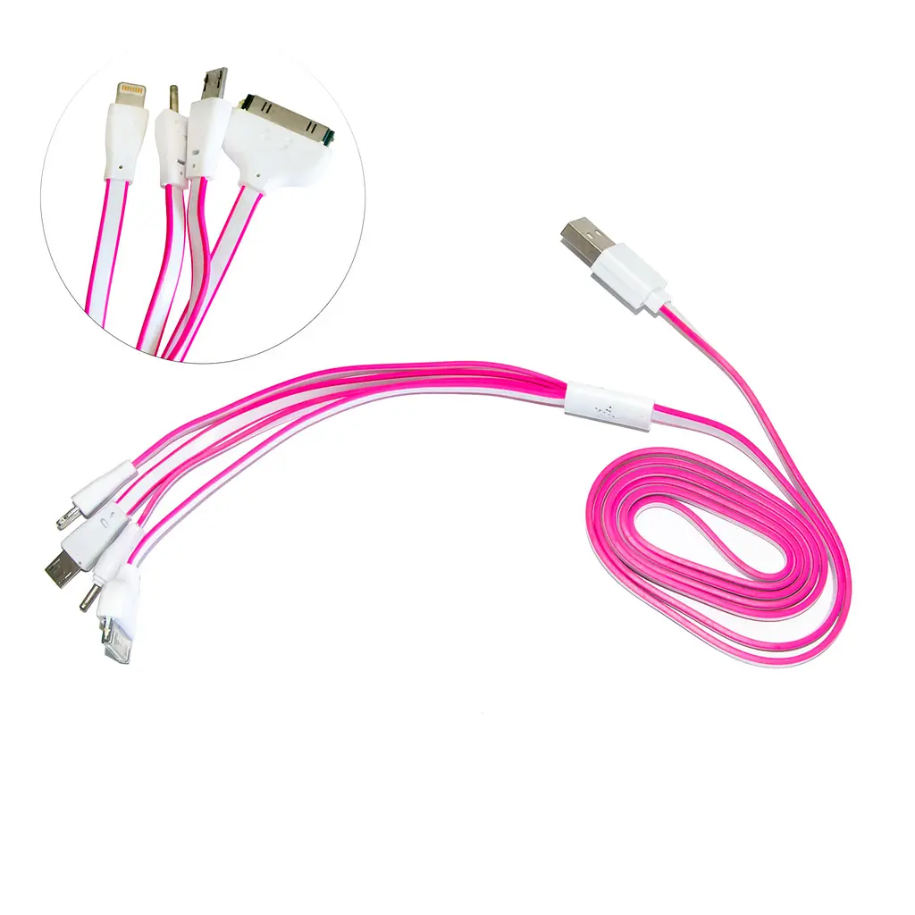 Кабель для зарядки телефонов 4 в 1 Flat Розовый Lightning/microUSB/30pin/DC2mm 115 см провод на айфон - фото 3