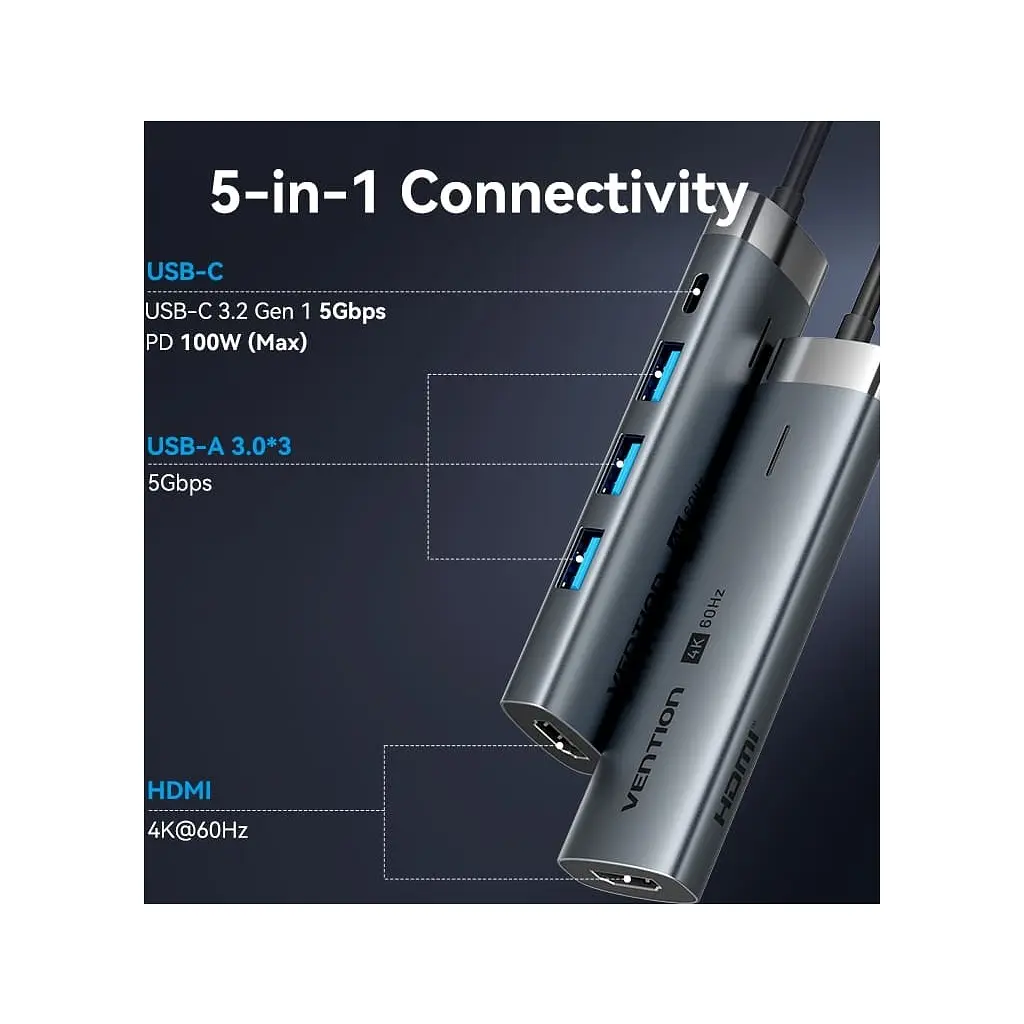Концентратор Vention USB-C 5-in-1 3xUSB 3.0 + HDMI 4K60Hz + USB-C PD100W gray (TGMHB) - фото 4
