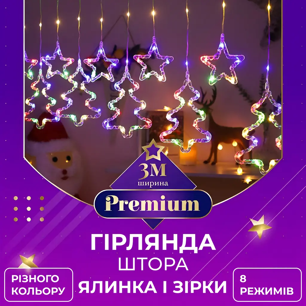 Гірлянда-штора Зірки та ялинки розмір 3*0,9 м 10 фігур, мультиколор GarlandoPro 1733069ML - фото 15