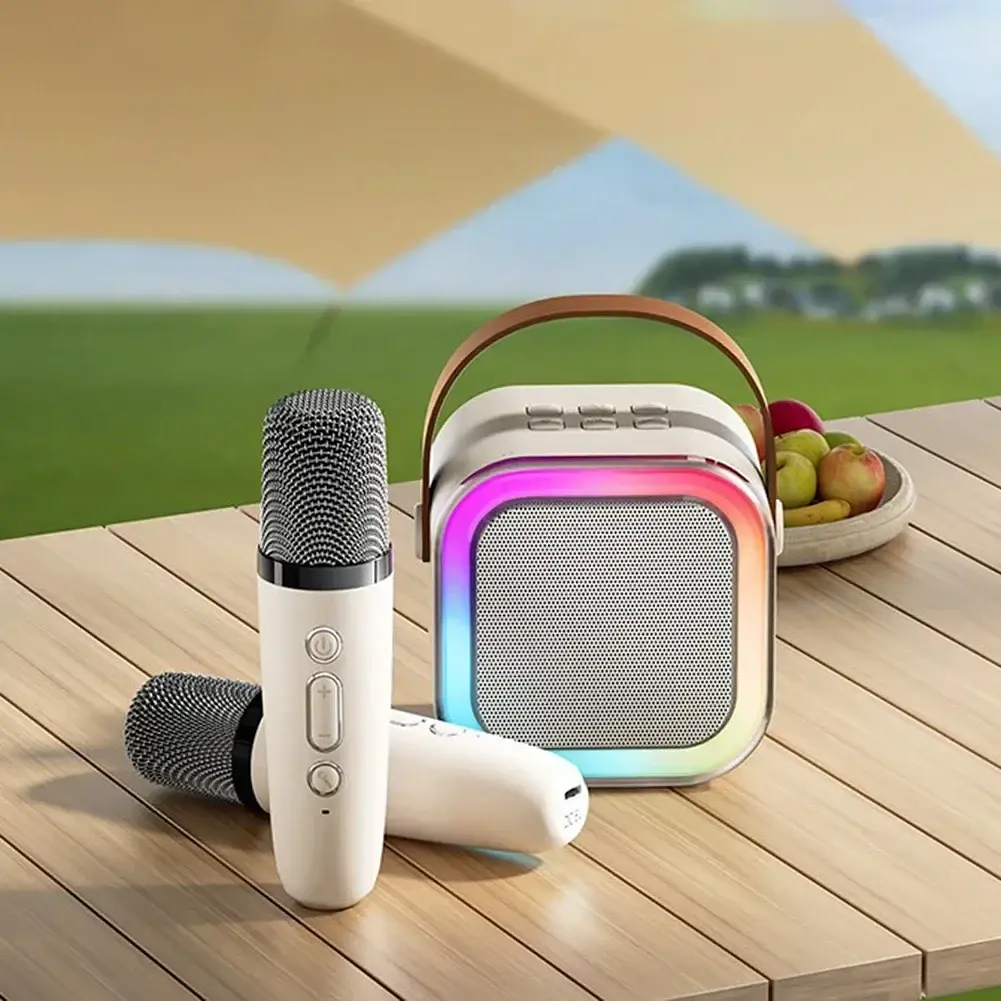 Портативна Bluetooth колонка RIAS K12 караоке + 2 бездротові мікрофони 5W Beige (3_04411) - фото 4