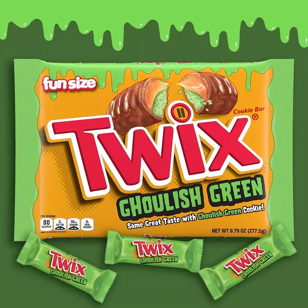 Шоколадные батончики Twix Halloween Ghoulish Green Caramel Cookie Chocolate Bars Fun Size 277 г - фото 2