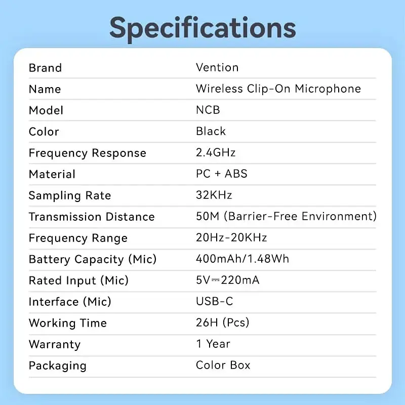 Мікрофон Vention USB Type-C 2-Pack Wireless Lavalier Black (NCBB0) - фото 4