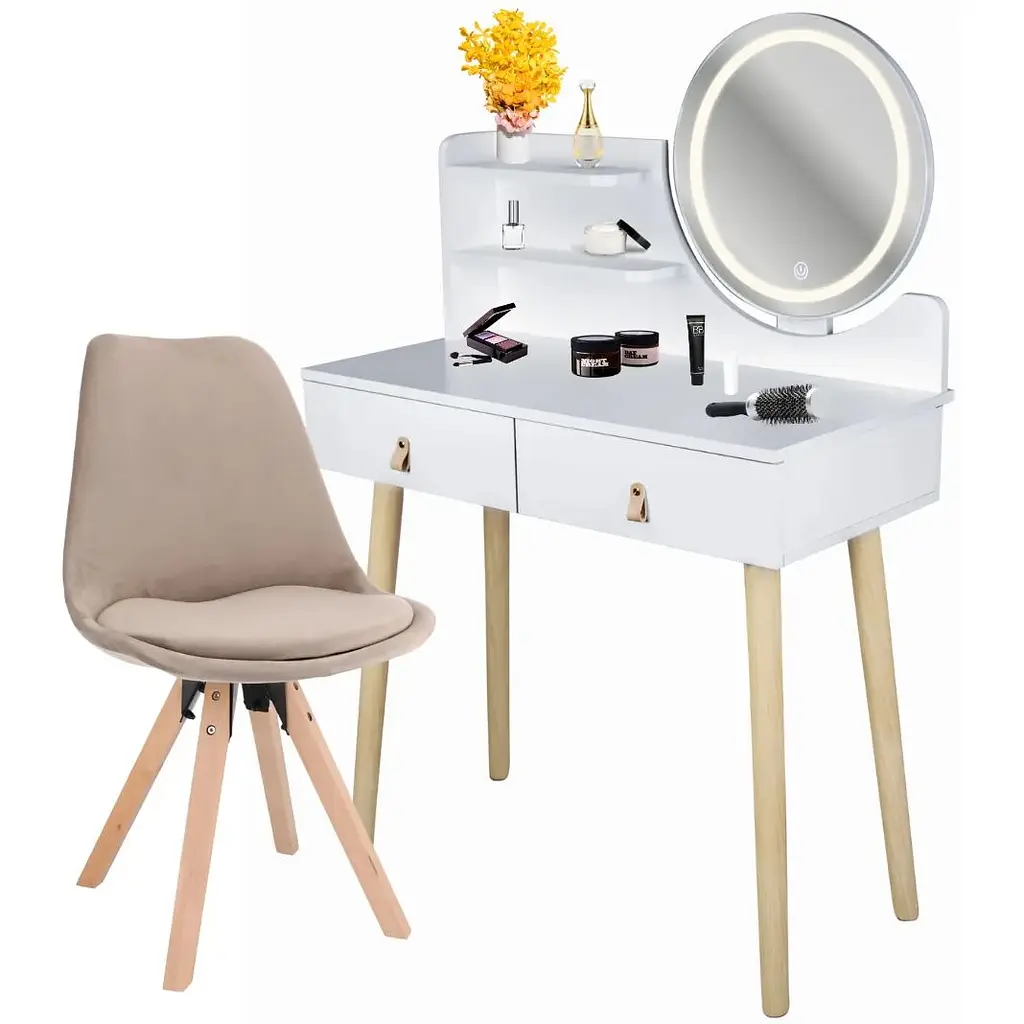 Туалетний столик Jumi Scandi LED + крісло Saida бежевий (шкіряні ручки) - фото 2