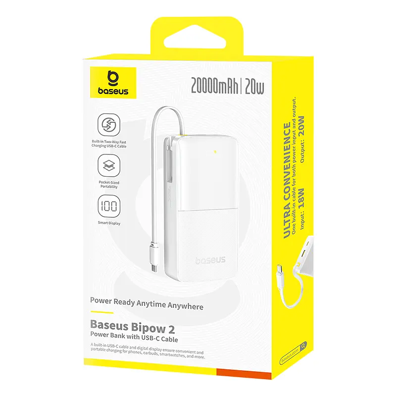 Зовнішній акумулятор Baseus Bipow 2 Digital Display Power Bank With Built-in USB-C Cable 20000mah 20W Moon White (P10077101213-01) - фото 2