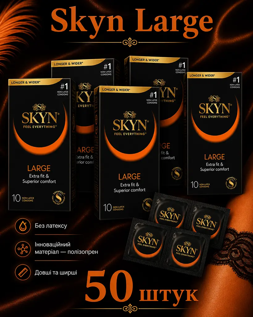 Презервативи Skyn Large безлатексні 50 шт — збільшений розмір, поліізопрен, комфорт та природні відчуття